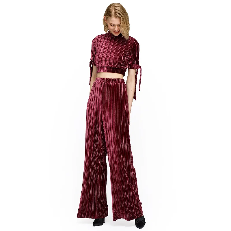 Women's Velvet Wide Leg High Waist Pants In Mulberry Soft Stretch Trousers
