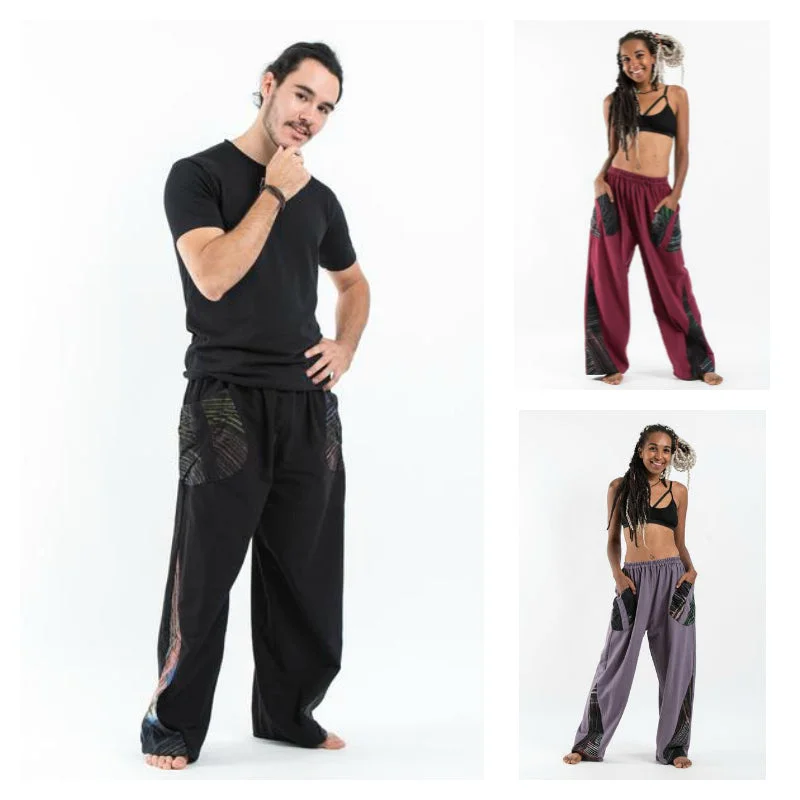 Assorted Set of 5 Thai Cotton Unisex Pants With Hill Tribe Trim Comfortable Denim Trousers Assorted Set of 5 Thai Cotton Unisex Pants With Hill Tribe Trim Comfortable Denim Trousers