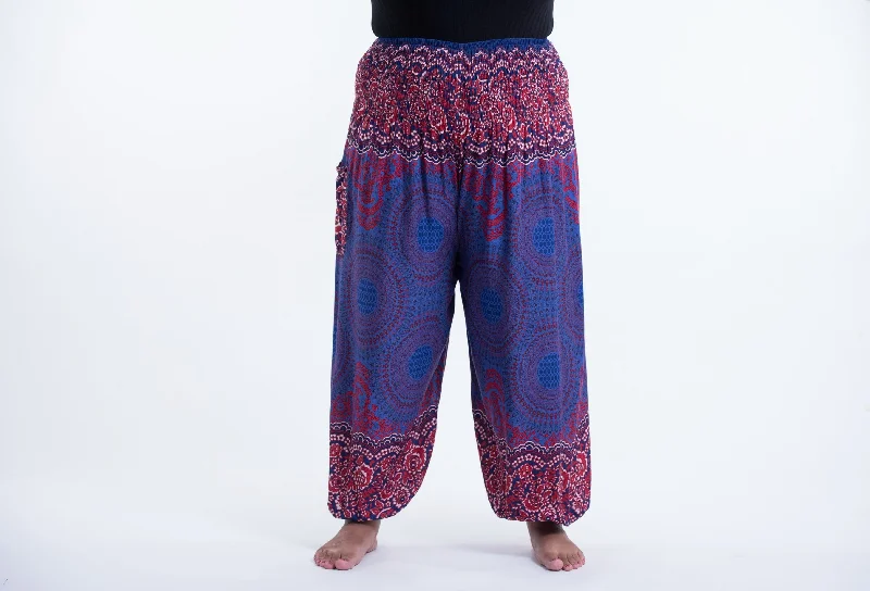 Plus Size Geometric Mandalas Unisex Harem Pants in Blue Stylish Elastic Waist Pants
