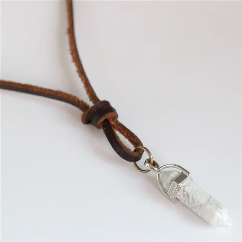 White Turquoises Pillar Stone Pendant Necklace Men Women Brown Genuine Top Leather Rope Sweater Chain Homme Male Cowboy Jewelry