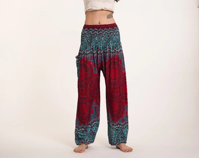 Geometric Mandalas Unisex Harem Pants in Red Sleek Black Pants
