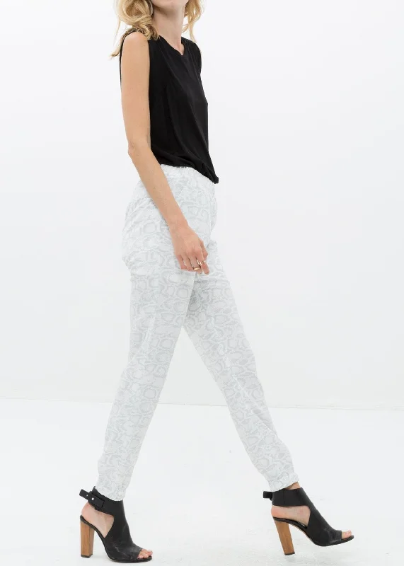 Women's High Waist Printed Pants In Ivory Silver Stylish Elastic Waist Pants