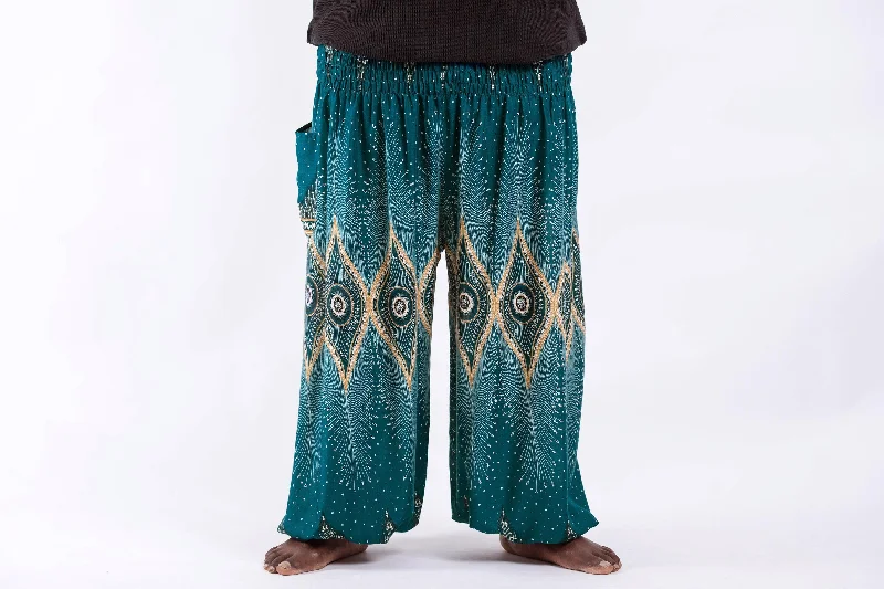 Plus Size Diamond Peacock Unisex Harem Pants in Turquoise Soft Stretch Leggings