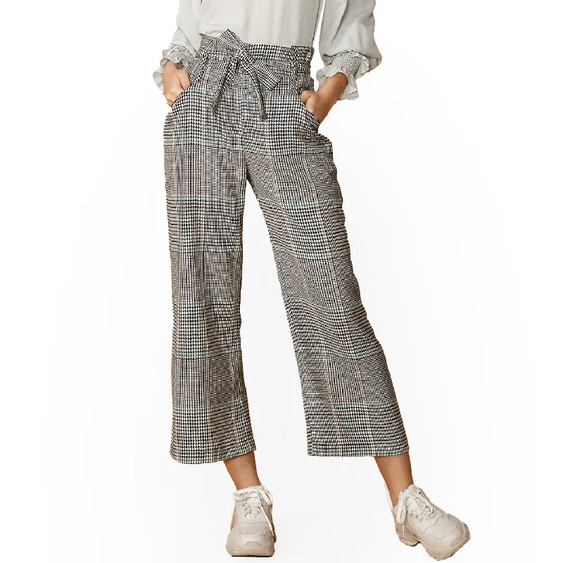 Women's Plaid Tie Waist Cropped Pants in Fall Glen Casual Yoga Pants
