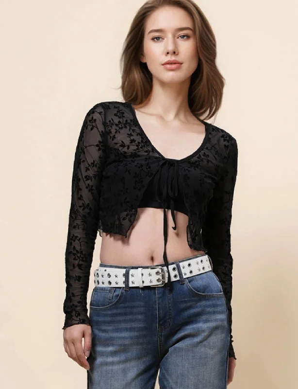 Ladies Floral See Sheer String Tie Mesh Blouse SKT4996