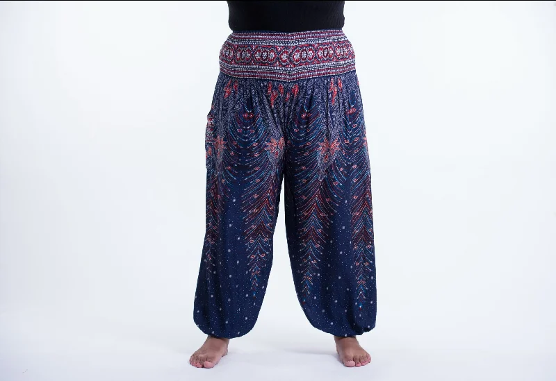 Plus Size Peacock Feathers Unisex Harem Pants in Blue Casual Wide Pants