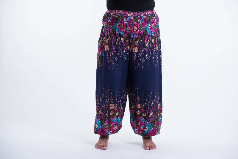 Plus Size Floral Unisex Harem Pants in Blue Classic Pleated Pants