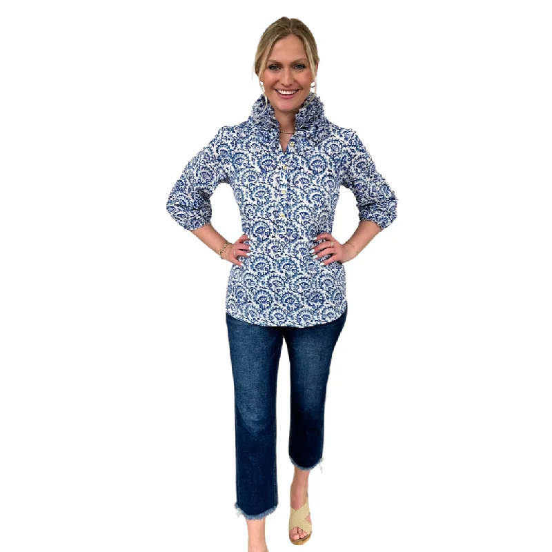 The Maria Ruffle Neck Cotton Blouse in White Blue Hand Blocked Floral