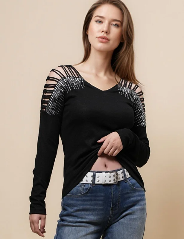 Ladies Shinny Rhinestone Daily Layring Top Blouses SKT4817