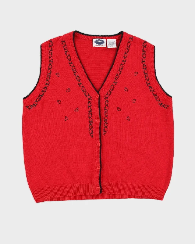 Red Knitted Button Up Sweater Vest - L