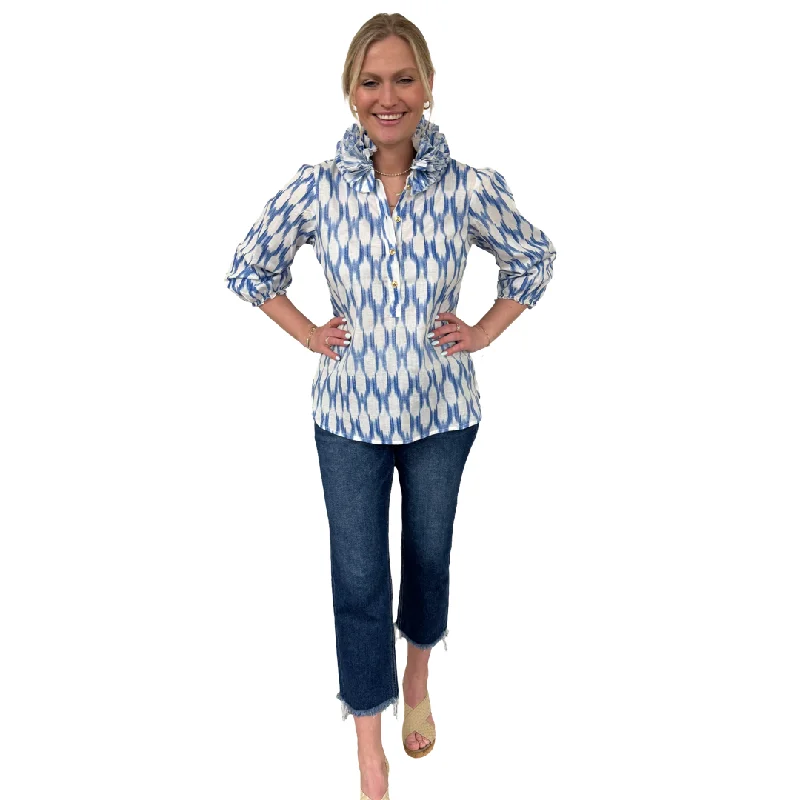 The Maria Ruffle Neck Cotton Blouse in Blue and White Ikat