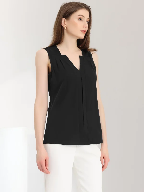 Sleeveless Work Top Pleated Chiffon V Neck Blouse