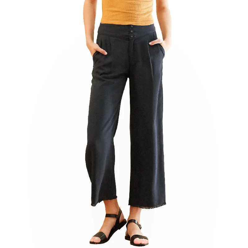 Women's Fringe Hem Cropped Pants in Navy Lightweight Linen Pants