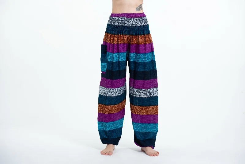 Boho Blue Striped Unisex Harem Pants Soft Stretch Trousers