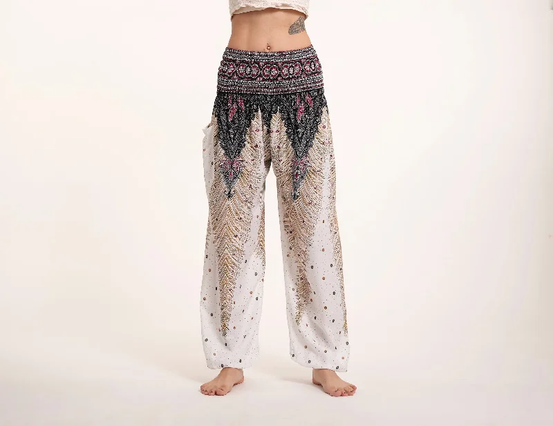 Peacock Feathers Unisex Harem Pants in White Modern Bootcut Pants
