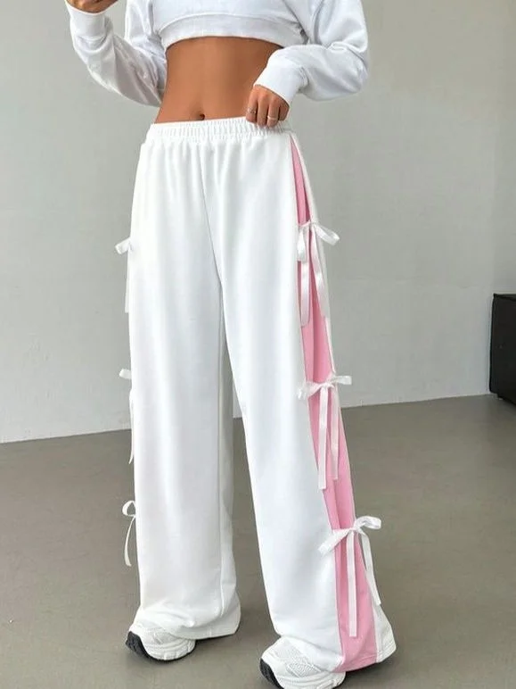 Women Elastic Waist Straight Wide Leg Loose Fit Side Ribbon Deisgn Sweat Joggers Pant