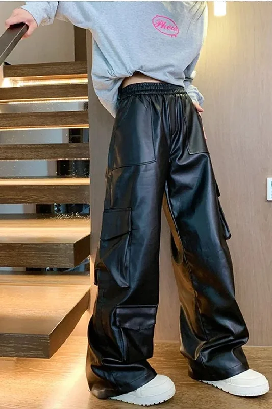 Aesthetic Black Vegan Leather Wide Leg Flap Pocket Vintage Elastic Waist Leather Pant For Women