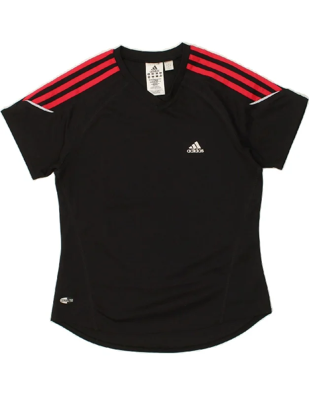 ADIDAS Womens Climalite Graphic T-Shirt Top UK 12 Medium Black Polyester Knit Fabric Woven Fabric Fleece Fabric ADIDAS Womens Climalite Graphic T-Shirt Top UK 12 Medium Black Polyester Knit Fabric Woven Fabric Fleece Fabric