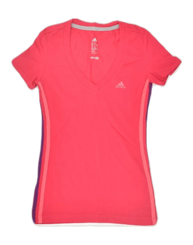 ADIDAS Womens Climalite T-Shirt Top UK 0/2 2XS Pink Cotton Chenille Brocade Lace