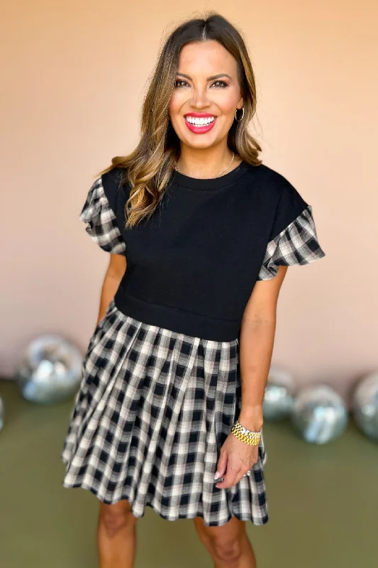 Black Plaid Short Ruffle Sleeve Twofer Dress *FINAL SALE*