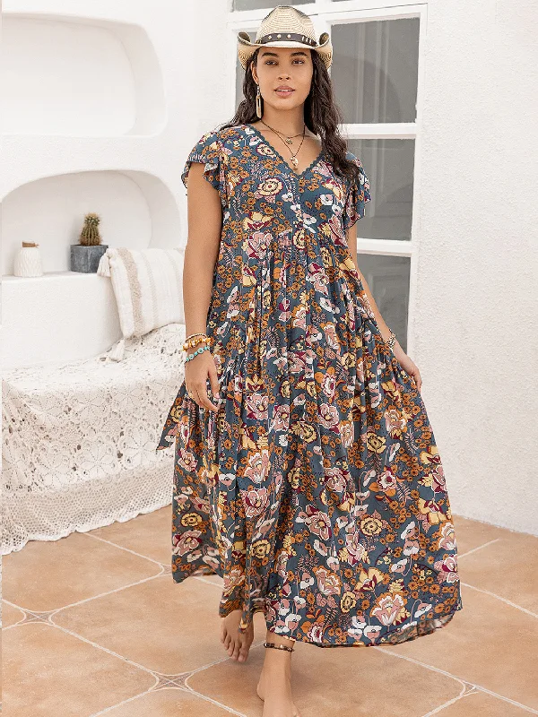 Blue Zone Planet |  Plus Size Ruffled Printed Cap Sleeve Dress