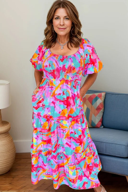 Blue Zone Planet |  Plus Size Smocked Printed Half Sleeve Dress
