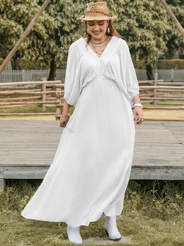 Blue Zone Planet |  Plus Size Swiss Dot V-Neck Three-Quarter Sleeve Dress