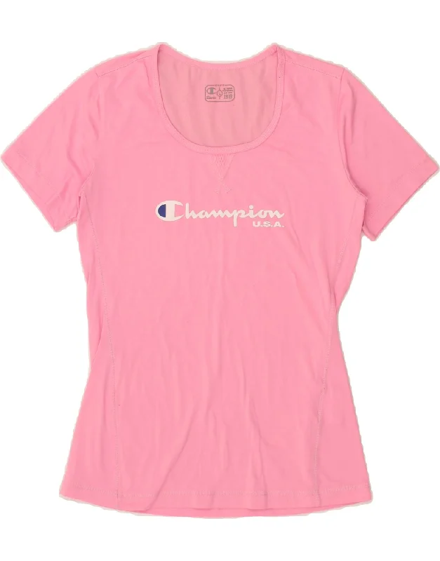 CHAMPION Womens Graphic T-Shirt Top UK 14 Large Pink Polyester Chenille Blend Fleece Blend Nylon Blend CHAMPION Womens Graphic T-Shirt Top UK 14 Large Pink Polyester Chenille Blend Fleece Blend Nylon Blend