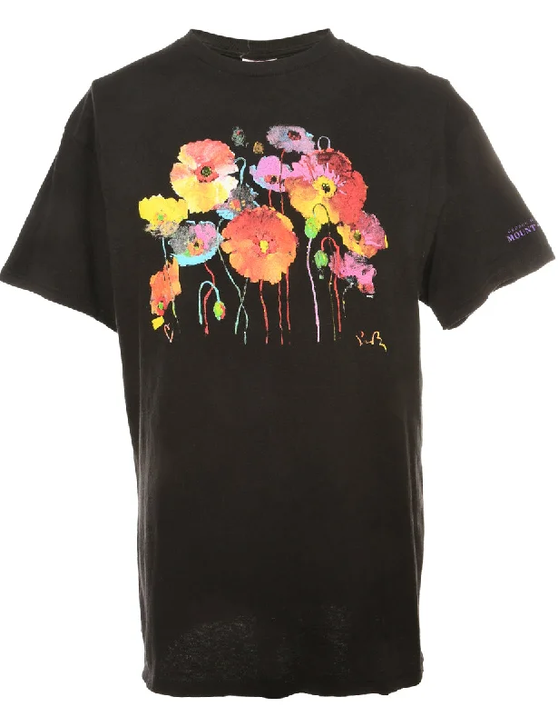 Floral Black Printed T-shirt - L Ribbed Striped Patterned