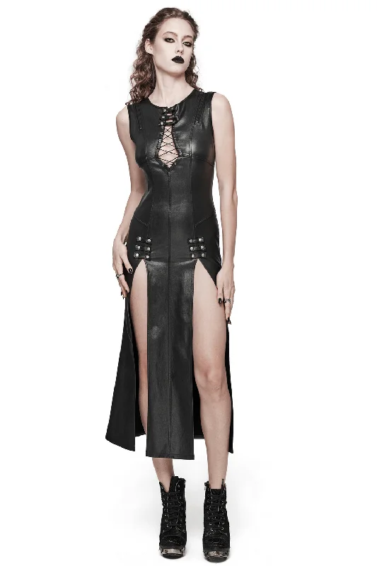 Gothic Black Patent Leather Dress with Double Slits