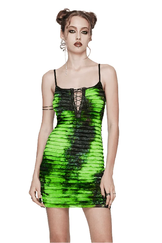 Green and Black Tie Dye Ruffle Dress With Straps