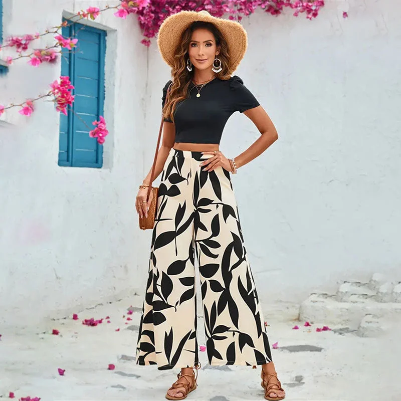 Leaf Printed Casual Cropped T-shirt Blouse And Pants Fleece Nylon Spandex
