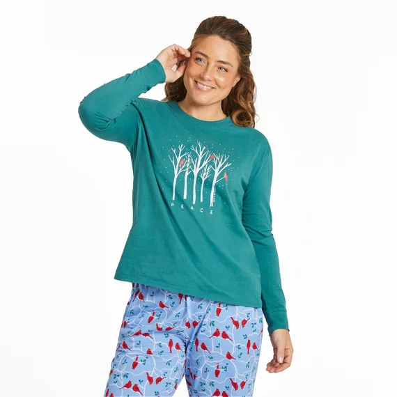 Women's Peaceful Cardinal Forest Long-Sleeve Snuggle Up Relaxed Sleep Tee - Spruce Green Hooded Caped Shawl Collar Women's Peaceful Cardinal Forest Long-Sleeve Snuggle Up Relaxed Sleep Tee - Spruce Green Hooded Caped Shawl Collar