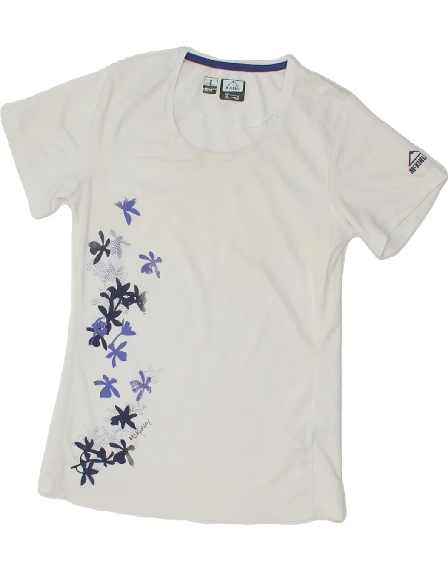 MC KINLEY Womens Graphic T-Shirt Top UK 10 Small White Floral Polyester Chenille Fabric Brocade Fabric Lace Fabric