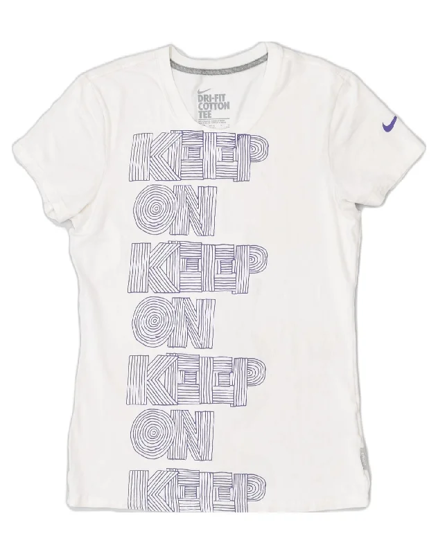 NIKE Womens Dri Fit Graphic T-Shirt Top UK 12 Medium White Cotton Real Fur Shearling Chenille NIKE Womens Dri Fit Graphic T-Shirt Top UK 12 Medium White Cotton Real Fur Shearling Chenille