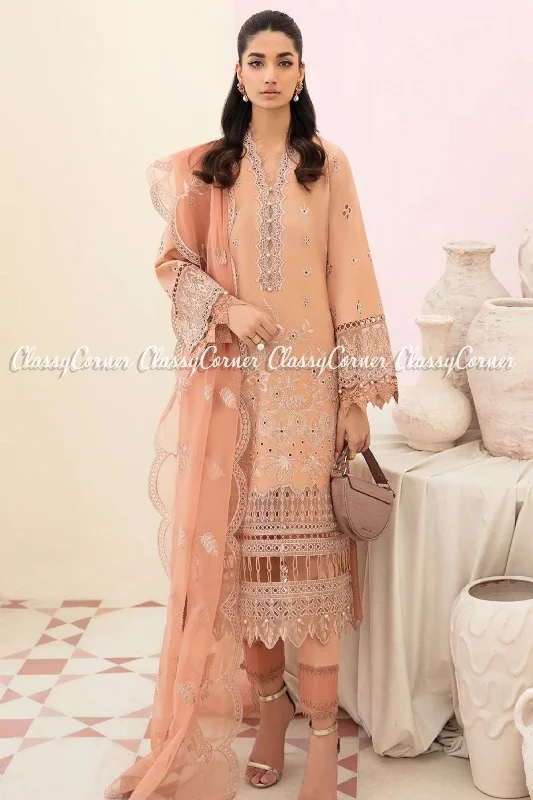 Peach Orange Lawn Embroidered Salwar kameez Dress