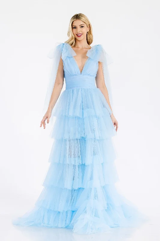 Prima Dress -SA502413 V-Neck Ruffled Tulle A-Line Dress