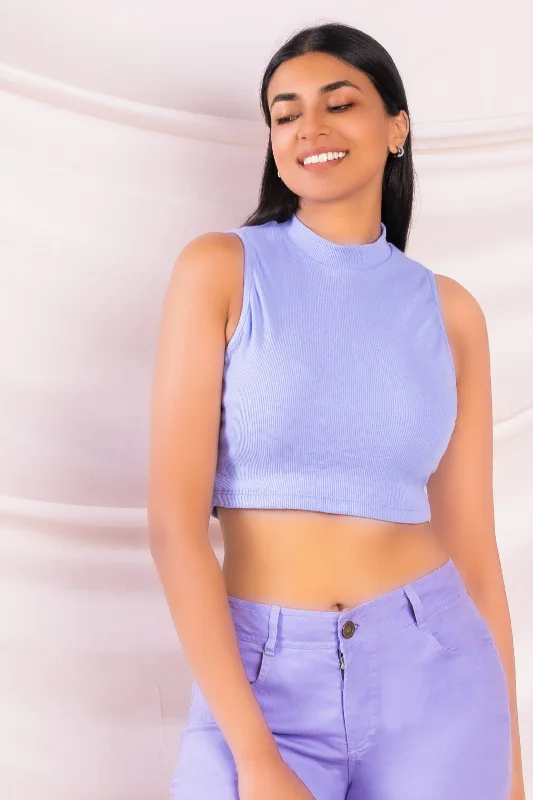Purple High Neck Cropped Tee Mesh Canvas Denim