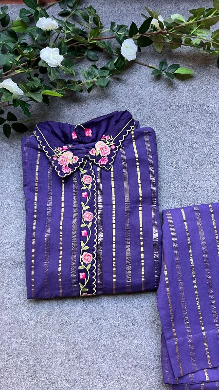 Purple stripped embroidery 2 piece kurti dress