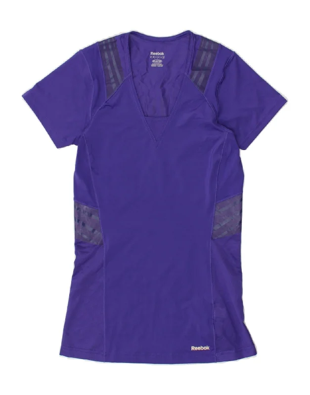 REEBOK Womens Graphic T-Shirt Top UK 12 Medium Purple Polyester Ribbed Striped Patterned REEBOK Womens Graphic T-Shirt Top UK 12 Medium Purple Polyester Ribbed Striped Patterned