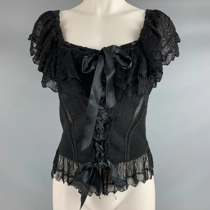 VALENTINO Size M Black Viscose Nylon Lace Up Dress Top