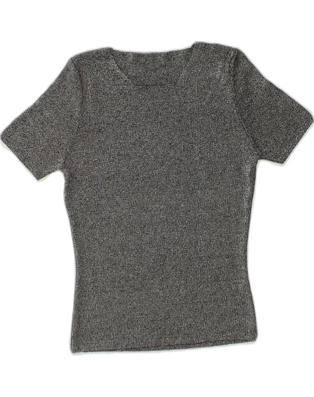 VINTAGE Womens T-Shirt Top UK 12 Medium Grey Flecked Polyester Plaid T-Shirt Polka Dot Checkered VINTAGE Womens T-Shirt Top UK 12 Medium Grey Flecked Polyester Plaid T-Shirt Polka Dot Checkered