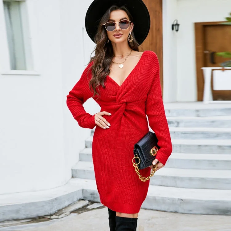 Women Sexy Package Hip Long Knitted Backless Twisted Knot Dress, Size: S(Red)