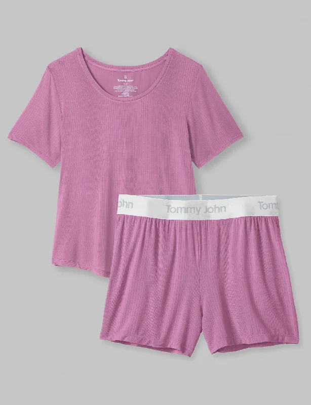 Women's Second Skin Luxe Rib Sleep Tee & Short Set Collared T-Shirt Boat Neck A-Line Women's Second Skin Luxe Rib Sleep Tee & Short Set Collared T-Shirt Boat Neck A-Line