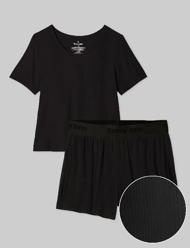 Women's Second Skin Luxe Rib Sleep Tee & Short Set Graphic T-Shirt Round Neck Polyester Women's Second Skin Luxe Rib Sleep Tee & Short Set Graphic T-Shirt Round Neck Polyester
