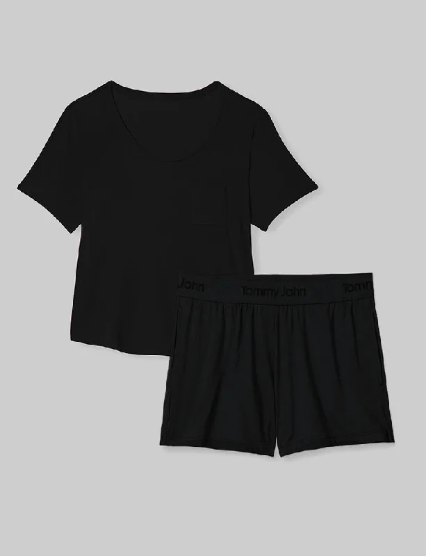 Women's Second Skin Sleep Pocket Tee & Short Set Wool Fabric Cashmere Fabric Tweed Fabric