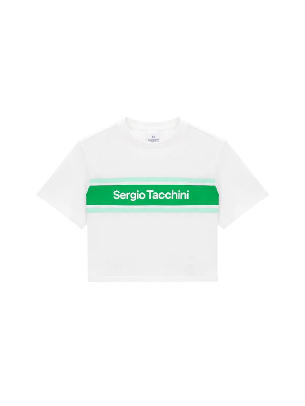 Color Block Crop T-Shirt- Off White/ Green Satin Blend Silk Blend Wool Blend