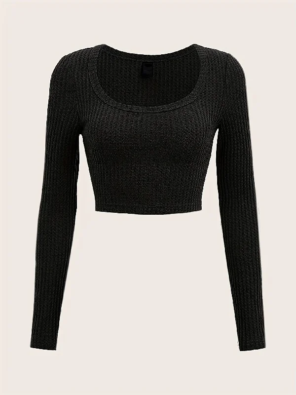 Sixsr Y2K Rib-knit Scoop Neck Crop Tee, Elegant Solid Sports Yoga Fashion Top For Spring & Summer, Women's Clothing Collared Crew Neck Turtle Neck Sixsr Y2K Rib-knit Scoop Neck Crop Tee, Elegant Solid Sports Yoga Fashion Top For Spring & Summer, Women's Clothing Collared Crew Neck Turtle Neck
