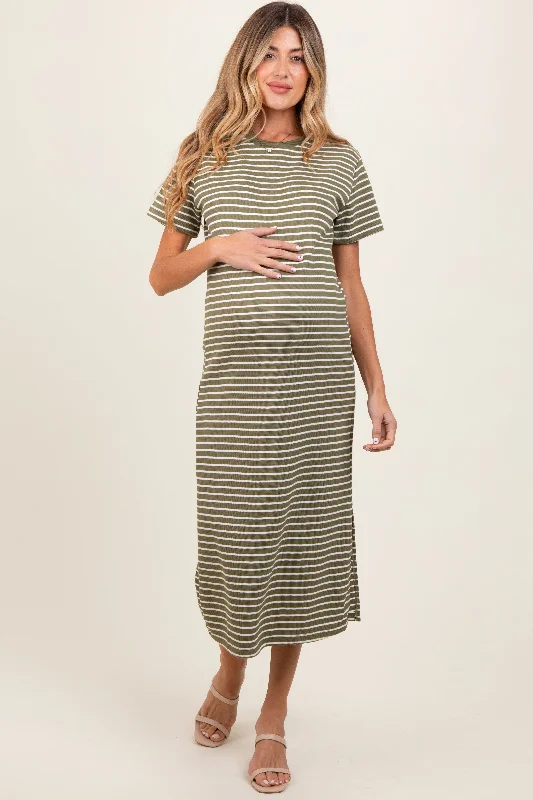 Olive Striped Short Sleeve Side Slit Maternity T-Shirt Midi Dress Zippered Front Buttoned Front Snap Front