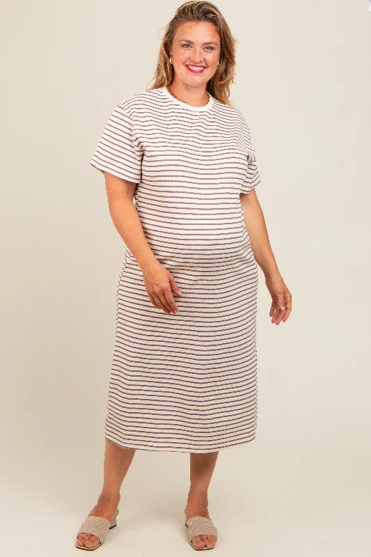 Cream Striped Short Sleeve Maternity Plus T-Shirt Midi Dress Asymmetrical Pockets Print